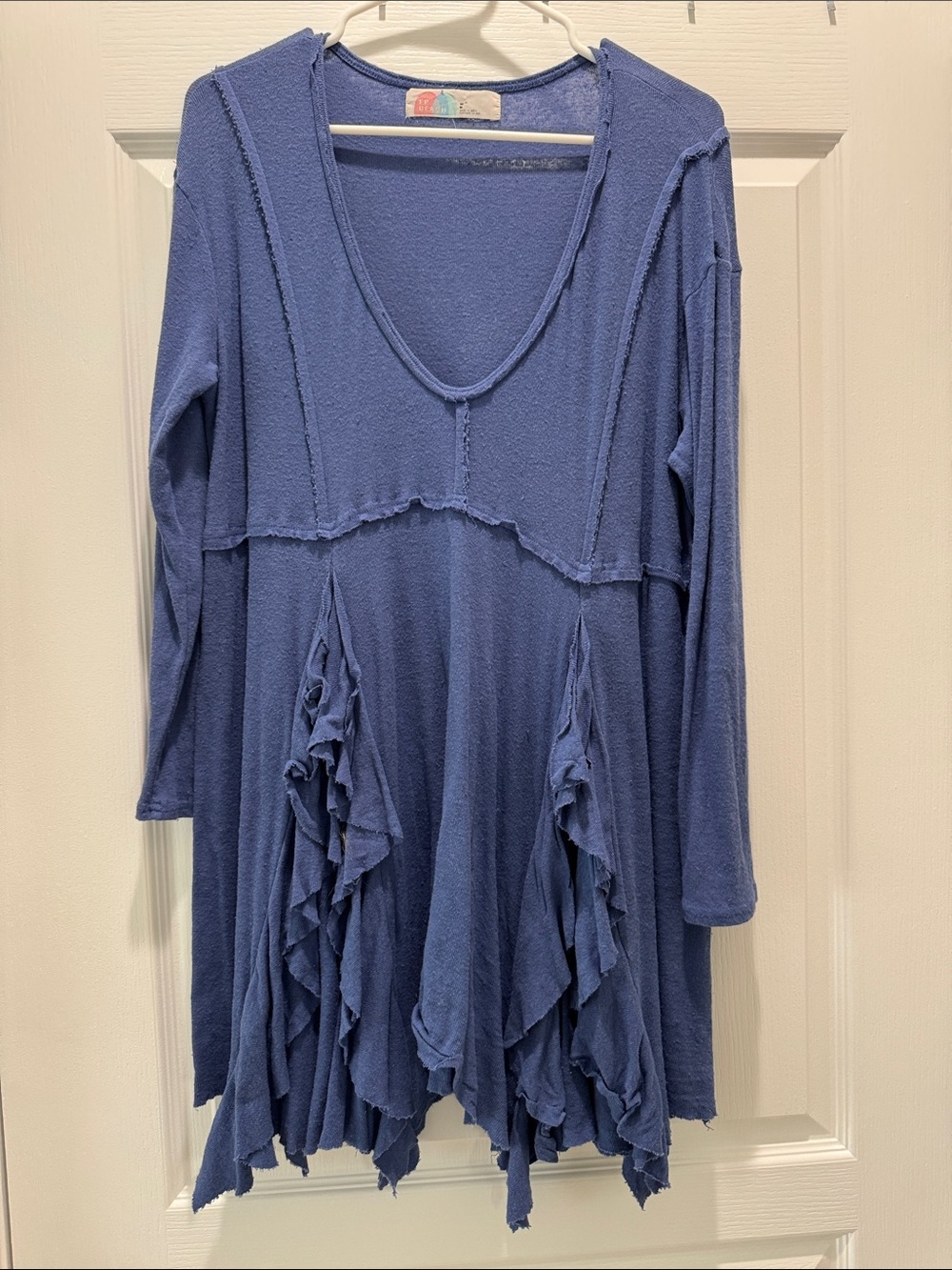 Free People Boho Ruffle Hem Long Sleeve Beach Cover Up- Blue